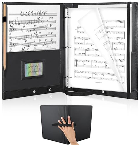 Notenmappe A4, Schwarz PU Leder Chormappe für Notenblätter, Notenmappe für Musiknoten mit Innentasche und Handgurt für Musikliebhaber, Anfänger, Fortgeschrittene, 200 Blatt