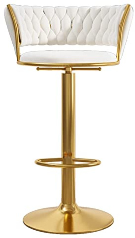 Barhocker aus Samt mit Rückenlehne und Fußstütze – gepolsterte Frühstücks-Barstühle für die Küche, goldene Beine und weiße Pads, verstellbar, 65–80 cm hoch