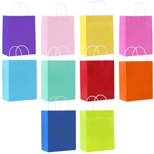 SHUBEIEUMI 10Pcs Kraft Paper Bags with Handles, Paper Party Bags 21x15x8cm Small Colourful Paper Gift Bags, Kraft Bags for Present, Candy, Cookie, Celebrations, Birthday