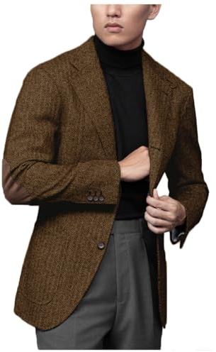Stillluxury Chaqueta tipo Blazer de espiga de tweed para hombre, con coderas, solapa sencilla, chaqueta formal, para graduación y boda, S
