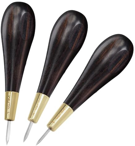 WUTA Leather Stitching Awl, 3 Pcs Wood Handle Diamond Shape Blackwood & Brass Craft Tool, Handmade Sewing Tools DIY Leather Crafts with Storage Box（S+M+L）