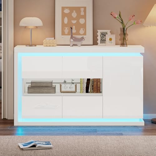 Brillant Commode avec Bande Lumineuse LED Buffet avec Portes Armoire latérale pour couloirs Salons Bureaux salles à Manger casiers armoires de Rangement Blanc
