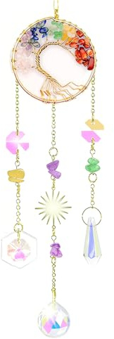 Crystal Tree of Life,Maslasee Chakra Suncatcher Ornament with Natural Crystals, Handmade Gemstone Hanging Decoration for Home Garden Window, Positive Energy Crystal Gifts for Women Men.