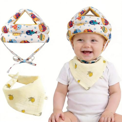 1 Pcs Baby Head Protector and 1 Pcs Bib, Head Protection for Baby, Toddler Helmet Age 6-36 Months, White with Fish Design, Includes Matching Bib