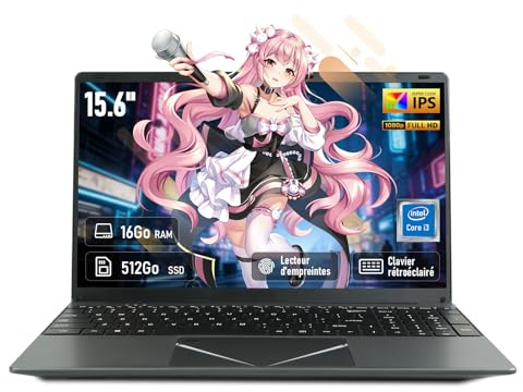 unbholkk Ordinateur Portable 15,6, Processeur Core i3-6100, 16Go RAM 512Go SSD, PC Portable Étudiant FHD IPS avec Clavier rétroéclairé, Empreinte Digitale, USB 3.0, Wi-FI 5, HDMI, BT5.0, Win11, Gris