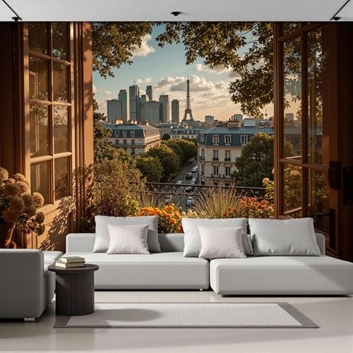 Papel Pintado 3D Ventana París Paisaje 200Anx140Al cm Fotomurales Tejido No Tejido, Realismo Papel Tapiz Grande Murales Fotográfico Moderno Decoración de Paredes