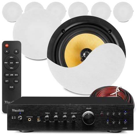 8x PD KVCS8 8-inch Ceiling Speaker System with AD420 Multi-Room HiFi Amplifier, Home Audio Package, Installed Sound System for HiFi Music & TV, Modern Slim Grille Design, Bluetooth, 2 Zones