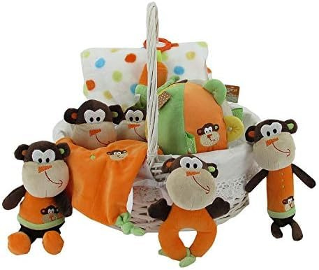 Creaciones Llopis Canastilla Bebé Animalitos Mediano | Regalo para Niños y niñas | Dou Dou Babero Cascabel Pelota y Peluche de Actividades | Cesta Lista para Regalar (Monito)