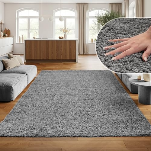 SIMPEX Shaggy Hochflor Teppich, 240x340 cm, Hellgrau, weich, flauschig, modern, einfarbig, Für großzügige Wohnräume, für Wohnzimmer Schlafzimmer Flur