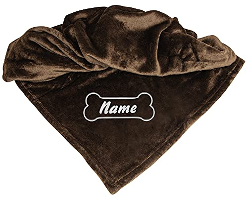 Schecker Bestickte Mikrofaserdecke Premium Hundedecke mit Hundenamen - Viele Farben - Viele Motive - bei 60 Grad Waschbar (Dunkelbraun, Knochen mit Name)