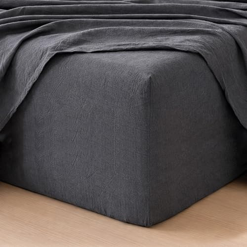 MooMee Fitted Bottom Sheet Only 100% Washed Cotton Linen Like Textured Breathable Durable Soft Comfy Deep Pocket Fits Mattress up to 17 (Dark Grey, Queen)