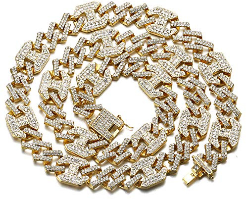 Halukakah Herren Goldkette Iced Out,17MM Männer Kubanische Kette Miami 18 Karat Echt Vergoldet Halsband Halskette 40cm,Volle Cz Diamant Schnitt Zinken-Set,Geschenk für Ihn
