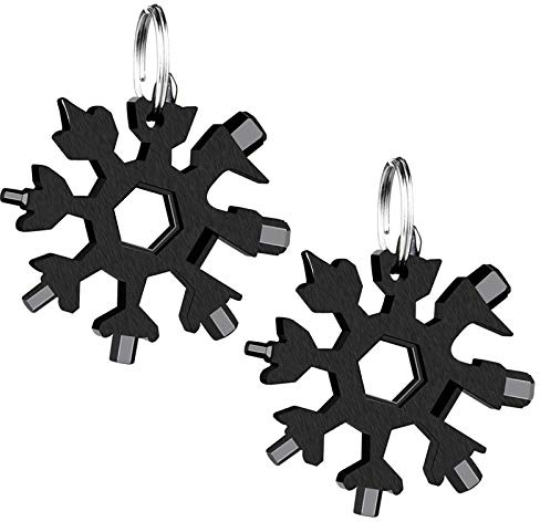 2 Stücke 18-in-1 Schneeflocken Multi-Tool,Multitool Edelstahl Fahrrad | Multifunktionswerkzeug,Karte Schlüsselanhänger Flaschenöffner Ringschlüssel Schnee Schlüsselbund,werkzeug schneeflocke Schwar