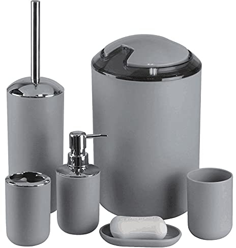 6-teiliges Badezimmer-Accessoires-Set, Seifenspender, Seifenschale, Zahnbürstenhalter, Spülbecher, WC-Bürstenhalter, Mülleimer, Grau