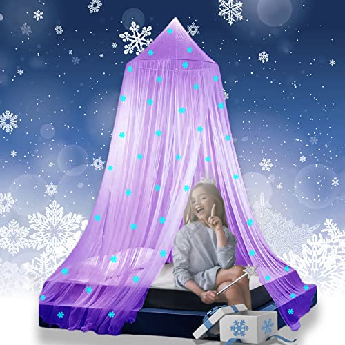 Eimilaly Prinzessin Betthimmel leuchtet im Dunkeln, Weihnachten Schneeflocken Betthimmel für Mädchen Zimmer Dekoration, Purple