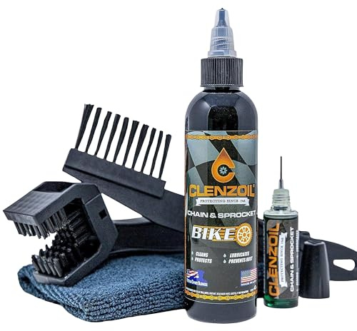 Clenzoil Chain & Sprocket Cleaning Kit - Chain Cleaner Lubricant Protectant (CLP) - Wet Lube Application, Dry Lube Performance - 4 oz Bottle, 0.5 oz Needle, Microfiber Towel & Chain Brush