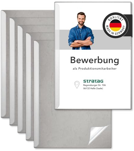 STRATAG Juego de rieles de sujeción (6 unidades) con tapa transparente de plástico PP y lomo de encuadernación de cartón resistente de 290 g/m², estructura de piel (carpeta con pinza A4 gris).