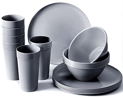 Youngever 18 Piece Re-usable Plastic Kitchen Dinnerware Set, Plates, Dishes, Bowls, Cups, Service for 6 (Dark Grey)