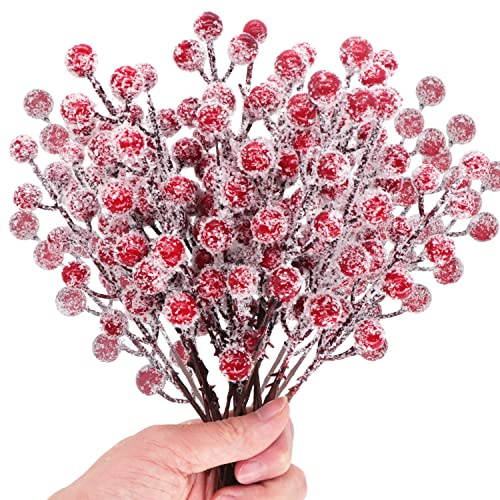 24 Pieces Artificial Holly Berry Stems 9 Christmas Berry Picks Sprays Snowy Fake Red Berries for Christmas Tree Branches Fillers Ornaments Valentine DIY Crafts Wedding Home Party Winter Decor (24)