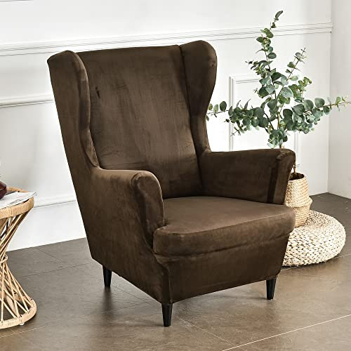 Highdi 2-Teilig Ohrensessel Bezug für Stradmon Stuhl, Stretch Luxus Samt Sesselüberwürfe, Elastisch Sesselhusse mit Armlehne für Ohrensessel, Relaxsessel, Fernsehsessel (Braun)
