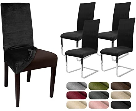 BEAUTEX Stuhlhussen Samt Stretch Stuhl & Schwingstuhl 4er Set Schwarz LEA | 95% Polyester, 5% Elasthan, weiche Velours-Oberfläche, Rundum-Gummizug, 30 °C waschbar, faltenarm, formstabil & langlebig