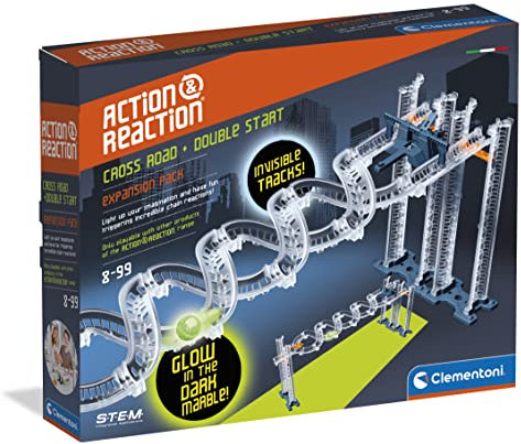 Clementoni 19265 Action & Reaction-Cross Road & Glow Effekt-Track-Set, Kugelbahn Zubehör, Konstruktionsspielzeug für Kinder ab 8 Jahren, Made in Italy, Mehrfarbig