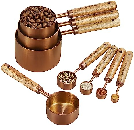 Kupfer-Messbecher und Löffel mit Holzgriffen, Dosierhilfe, 8-teiliges Set