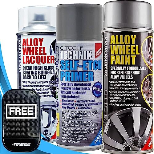 4TRESS E-Tech Metallic Silver Chip Resistant Alloy Wheel Spray Paint 400ml, 1 x Clear Lacquer Car Alloy Wheel Paint, 1 x 400ml Self Etch Grey Primer Non Slip Car Dash Mat