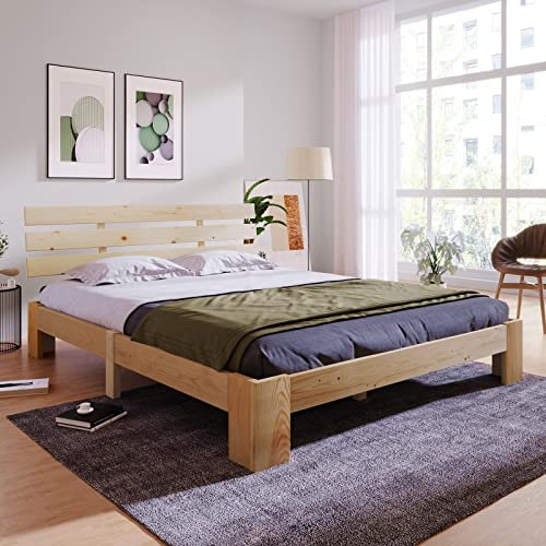 AMDXD Home Holzbett Doppelbett mit Kopfteil aus Bettgestell mit Lattenrost - 200 x 140 cm Polsterbett Massivholz FSC Massiv Doppelbett als Kieferbett