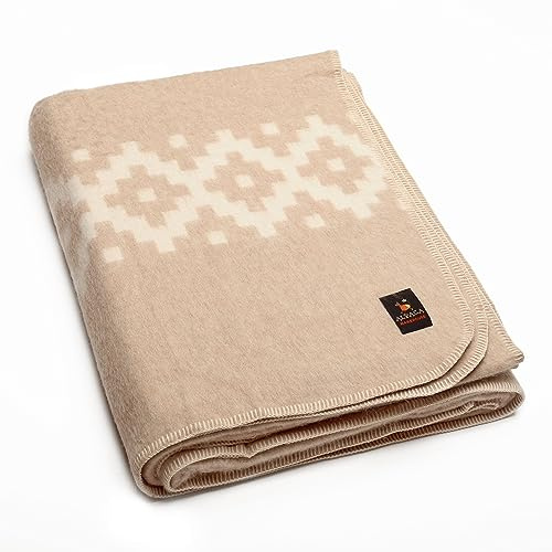 Thick Alpaca Wool Blanket Heavyweight Camping Outdoors Indoors Soft Peruvian Alpaca Wool Blankets That Come in Twin Queen King Size Ethnic Design (Beige - Ivory Stripes, King)
