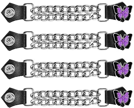 GARGOYLE BELLS Motorcycle Vest Extenders, Genuine Leather Double Chain Vest Extenders for man (4 pcs), Butterfly-purple, One Size
