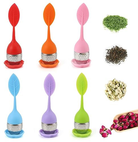 lyxdhyg 6 Pcs Tea Infuser, Silicone & Stainless Steel, Leaf Shape, 6 Colors (Red, Green, Blue, Orange, Purple, Pink)