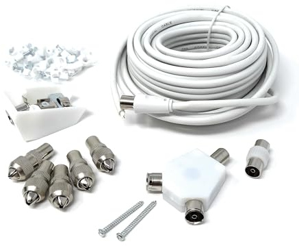DRUT TV Cable Extension DIY Kit, 15m, 5 x Coaxial Plugs | 1 x Coaxial Couple, 1 x 2 Way Splitter, Surface Mount Socket, 50 Cable Clips