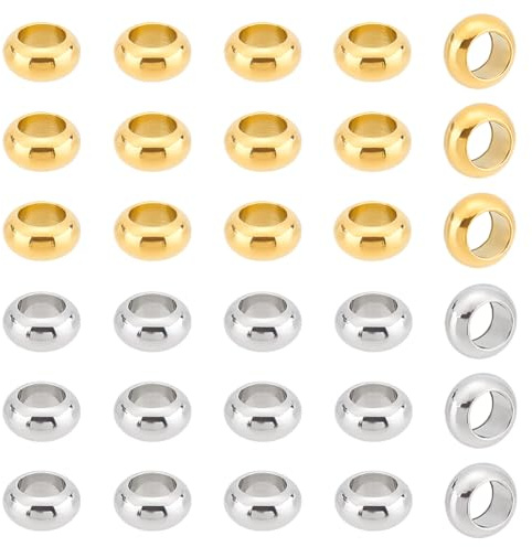 UNICRAFTALE 30 Stück 2 Farben 304 Edelstahl Abstandsperlen Rondell Perlen Goldene Perlen 6 mm Loch Hohlperlen Metall Lose Perlen Großes Loch Armbandperlen Für DIY Halskette Schmuckherstellung