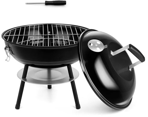 HaSteeL 35,6 cm Holzkohlegrill, kleiner schwarzer Emaille-Outdoor-Grill, Mini-Flachkopf-Kugelgrill mit Schraubendreher, tragbar für Hinterhof, Garten, Camping, Kochen, Rauchen, Dual-Belüftungssystem