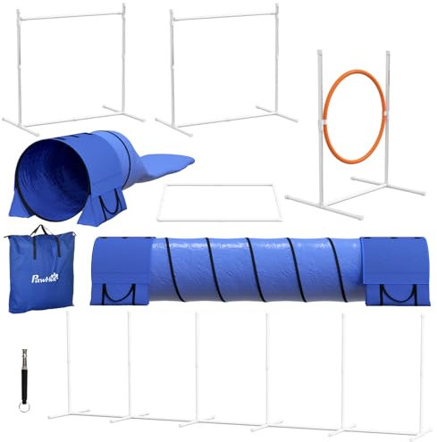 PawHut Hunde Agility Set, 7er-Set Hundetraining mit Höhenverstellbaren Agilityhürden, Flechtstangen, Pausenbox, Tunnel, Sprungring, Steckhürdenset inklusive Pfeife, Tragetasche