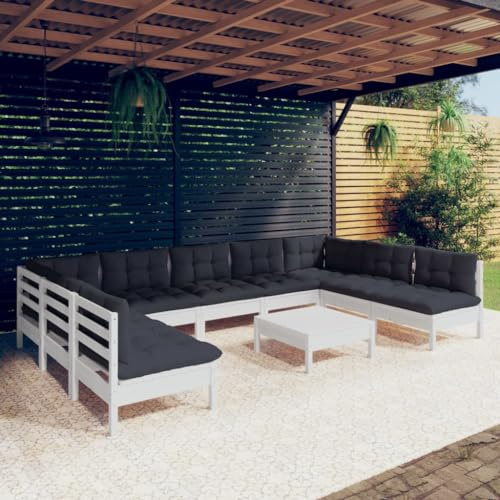 QZZCED 10-TLG. Garten-Lounge-Set mit Kissen Weiß Kiefer Massivholz Gartenmöbel Set Gartensofa-Set Garten-Couch-Set Terrassen-Sofa-Set für Terrassen, Gärten, Balkone, Hinterhöfe
