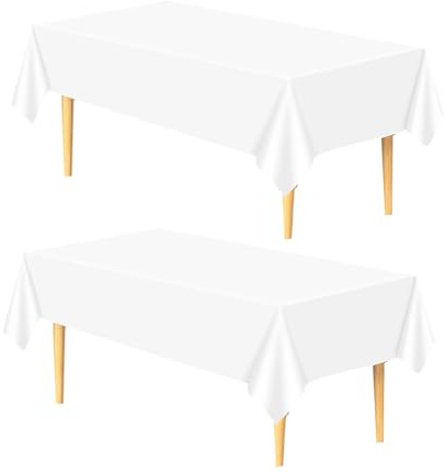 137 * 274cm Tischdecke Einweg Plastiktischdecke Weiß, 2 Stück Kunststoff Tischdecken Rechteckige wasserdichte Tischabdeckung für Indoor Outdoor Party Babydusche Kindergeburtstag Hochzeiten Dekoration
