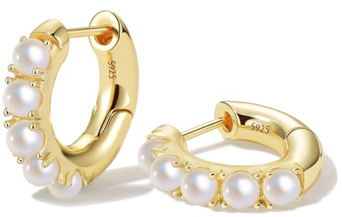 GLOQUAT 14k Gold Plated Pearl Huggie Earrings for Women Sterling Silver Post Pearl Earring Gold Huggies with Pearls Hypoallergenic Teacher Earrings Trendy Jewelry for Birthday Anniversary Wedding