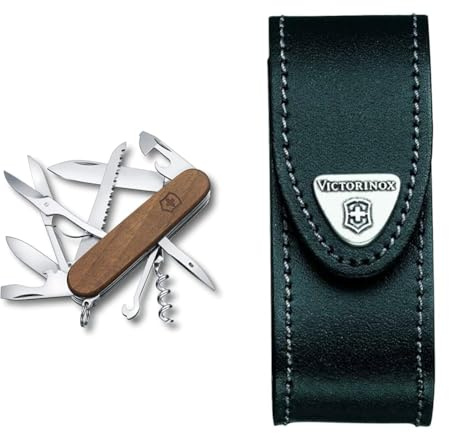 Victorinox Huntsman Swiss Army Pocket Knife, Medium, Multi Tool, 13 Functions, Blade, Bottle Opener, Wood, 91mm &, Swiss Army Knife Pouch, 3,5cm x 10cm, Black, Standard, (4.0520.3B1)