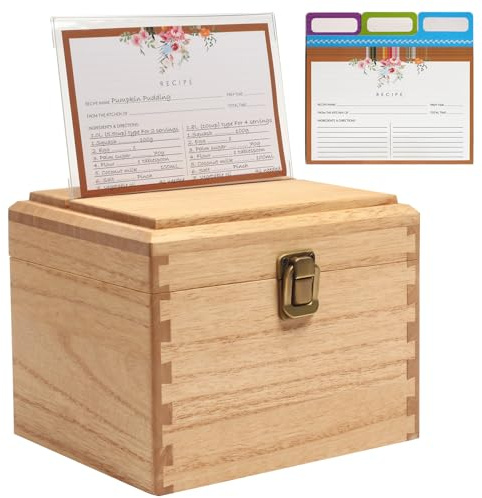 KIRIGEN Wooden Recipe Box with Cards, Dividers and Holder, Natural | Paulownia wood with plant oil finish; includes 100 cards, 12 dividers, sleeves and acrylic holder