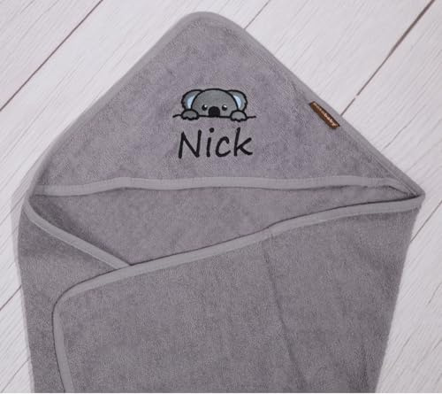 BotoBaby® Kapuzentuch mit Namen Bestickt Handtuch MIT Kapuze ★ 100% Baumwolle ★100x100 cm ★ 75x75 cm ★ Geschenk ★ Geburt ★ Taufe ★ (Grau - Kapuze Stickerei, 75 x 75 cm)