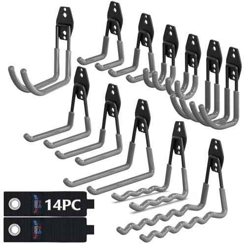 3-H Garage Hooks Heavy Duty 14 Pack, All-Steel Garage Storage Hooks with Anti-Slip Coating, Utility Tool Hangers for Hanging Ladders, Lawn Mower, Hose, Garden Tools (Grey)