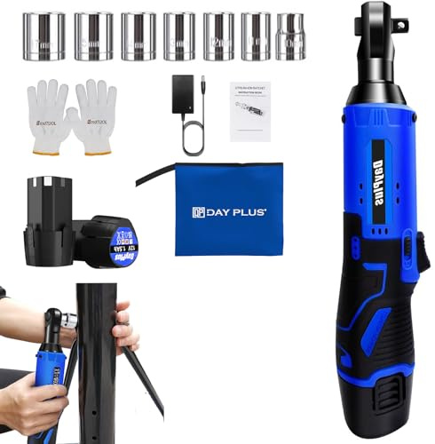 Cordless Ratchet Wrench Set, 3/8 Electric Ratchet Wrench Kit 40N.m, 0-300 RPM,Impact Drive Ratchet Rattle Nut Gun with 2 x Lithium-Ion 1.5Ah Battery and Fast Charge,7 PCS Sockets
