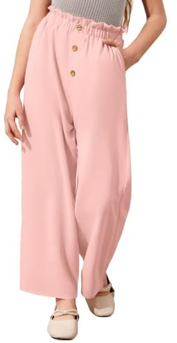 Haloumoning Weite Hose Mädchen Hohe Taille Elastische Paperbag Freizeithose Kinder Einfarbige Lange Hose mit Taschen Rosa, 5-6 Jahre