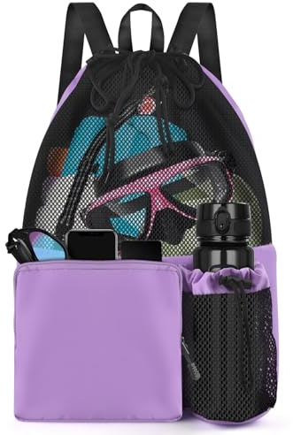 BROTOU Drawstring Mesh Swimming Bag, 30 Litre Water Sports Backpack with Wet/Dry Pocket, Multifunctional Sports Bag for Kids, Adults, Swimming, Surfing, Beach, Travel (C, Purple)