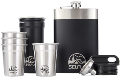 SELFLA Edelstahlbecher Set – Schnapsbecher Edelstahl mit tragbarer Flasche, Camping Becher & Metallbecher für Reisen, Wandern, Klettern & Abenteuer – Leicht, robust & leicht zu reinigen