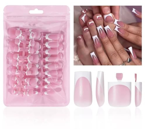 NHIXK 60Pcs White French Tip Press on Nails & Press on Toenails Set, Square Press on Nails Medium Fake Nails French False Toenails Full Cover Stick on Nails for Women Manicure Kit