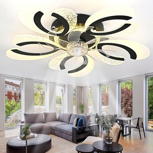 Intelligent Ventilateur Plafond Avec Lumiere 6 Vitesses Timer Réversible Lustre Ventilateur De Plafond Télécommande App Mémoire Dimmable Led Moderne luminaire ventilateur plafonnier Salon Noir