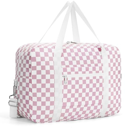för Easyjet Airlines kabinväska 45 x 36 x 20 undersäte, vikbar duffelväska för resor, kappsäck, handbagage övernattning, för kvinnor och män, 25 L, Dammig rosa schackbräde (med axelrem)